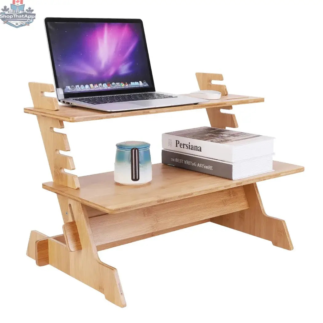 Bamboo Standing Computer Desk Monitor Stand Riser Stand Steady Up Adjustable Height Desktop Laptop Workstation Converter - Shopthatapp.ca
