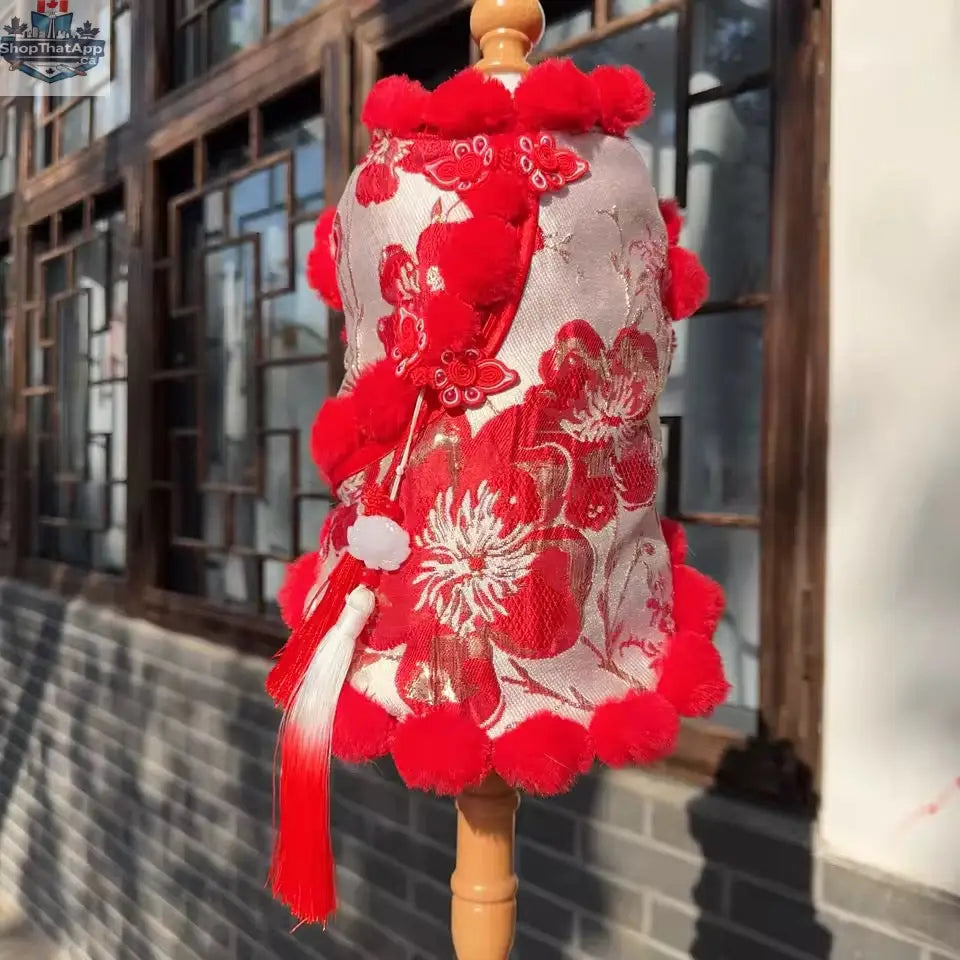 Lucky Bloom Dog Shirt | Red & Gold Cheongsam-Inspired Top for Chinese New Year - Shopthatapp.ca