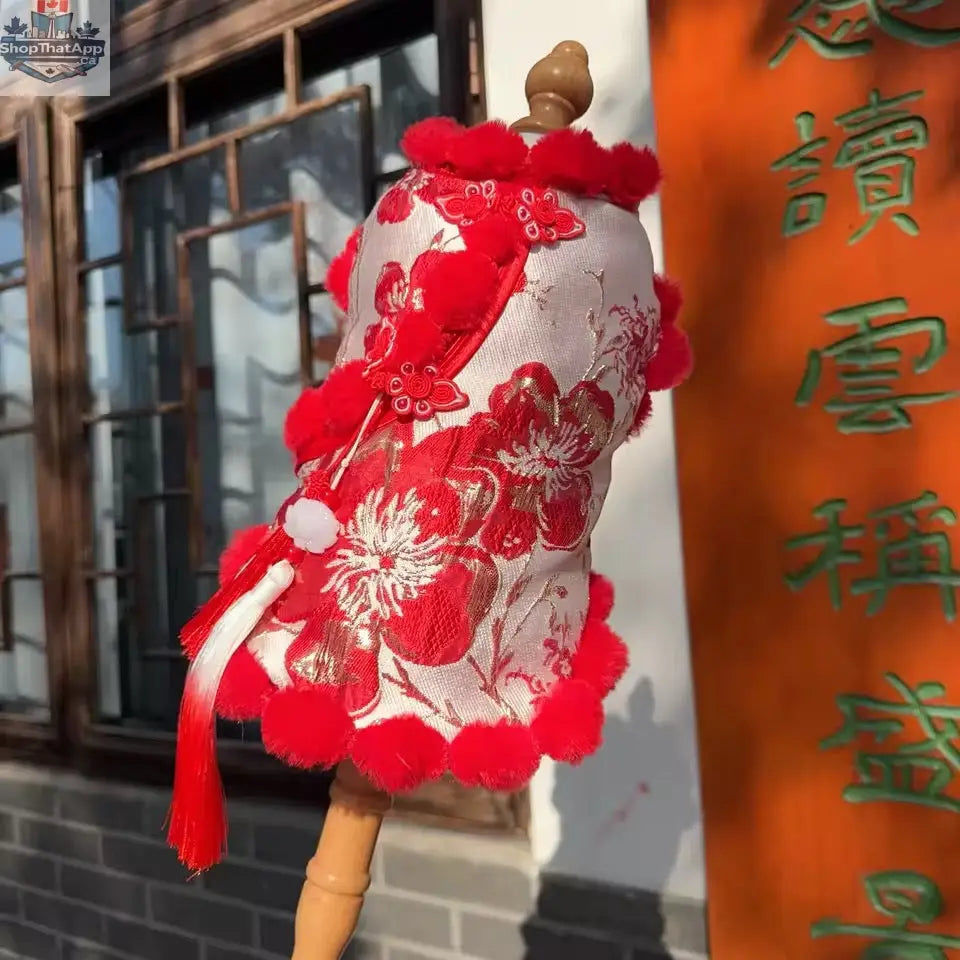Lucky Bloom Dog Shirt | Red & Gold Cheongsam-Inspired Top for Chinese New Year - Shopthatapp.ca