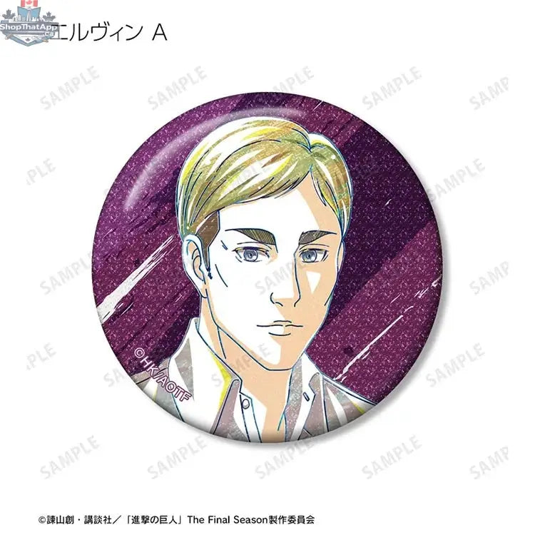 Attack on Titan tin badge featuring new Tea Time illustration, Doki Doki Land collectible anime trading badge with glitter finish.