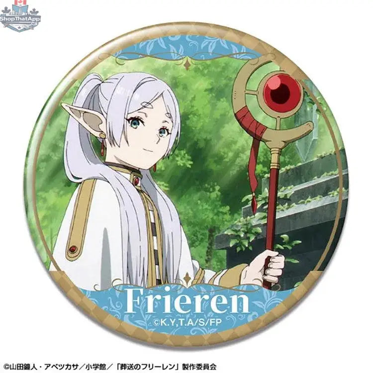 Frieren anime tin badge featuring a colorful design from the Beyond Journey's End series by Doki Doki Land, showing Frieren's illustration.