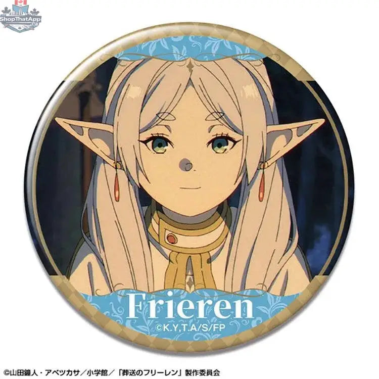 Frieren anime tin badge featuring character artwork from Beyond Journey's End, displayed on a light background.