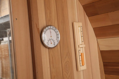 Zoppinh Blisspod Canadian Red Cedar outdoor sauna in Prague with full glass back and two front porch seats, suitable for 2-6 persons
