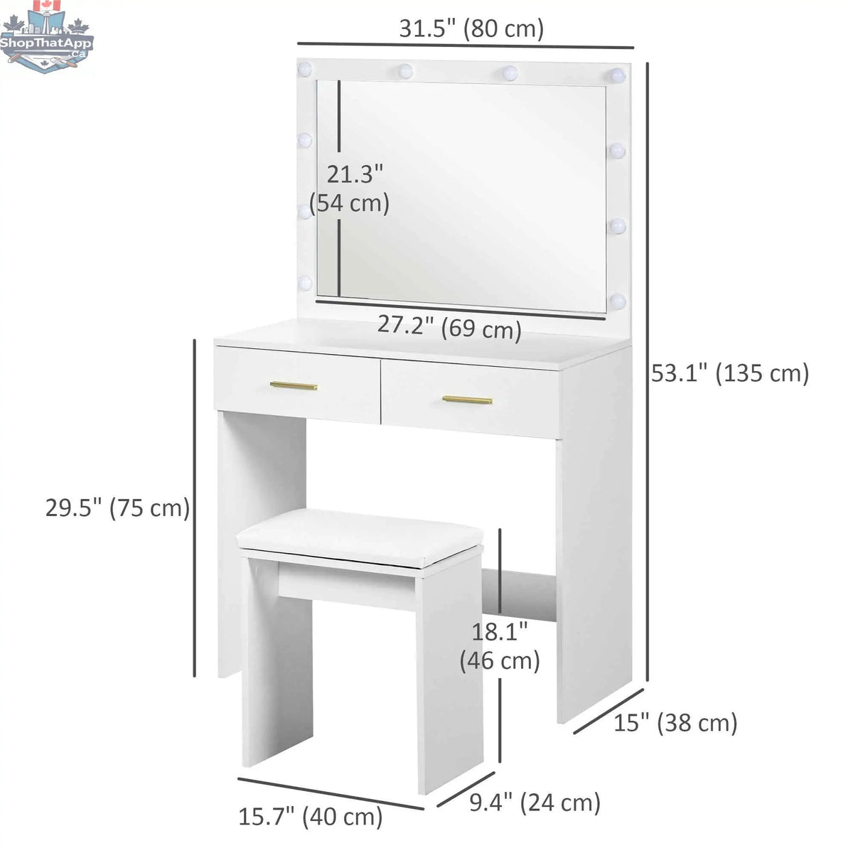 Olivia vanity desk set with white finish, matching stool, and LED lighted mirror, perfect for bedroom furniture by SLOTH Nation.