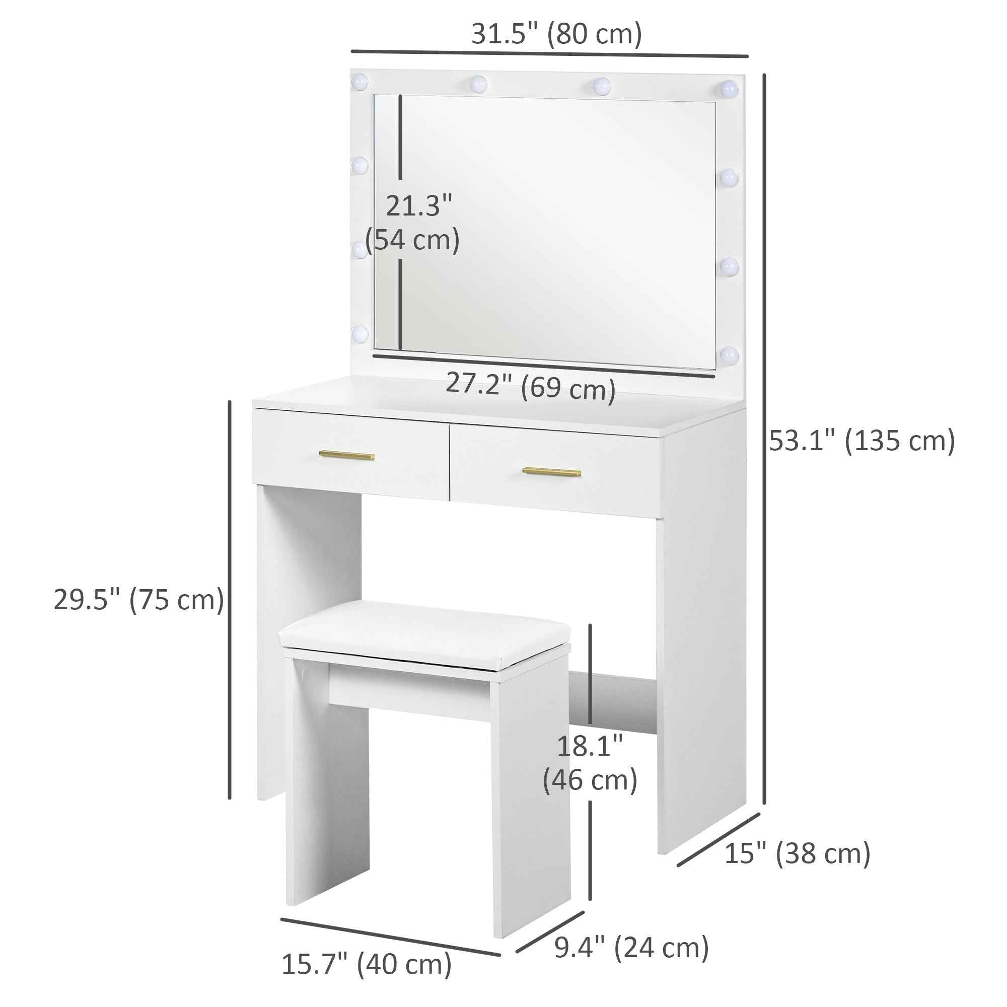 Olivia Vanity Desk Set with Stool and LED Lighting Mirror-White
