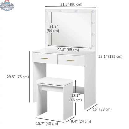 Olivia vanity desk set with white finish, matching stool, and LED lighted mirror, perfect for bedroom furniture by SLOTH Nation.