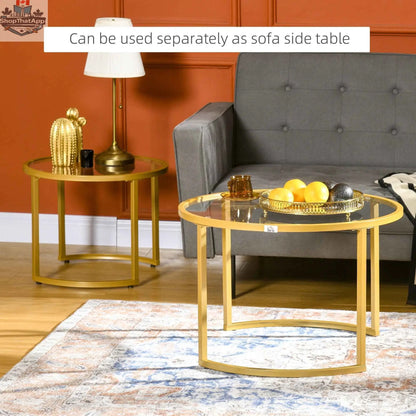 Set of two Micah modern nesting coffee tables by SLOTH Nation with clear tempered glass tops and gold-finished metal legs.