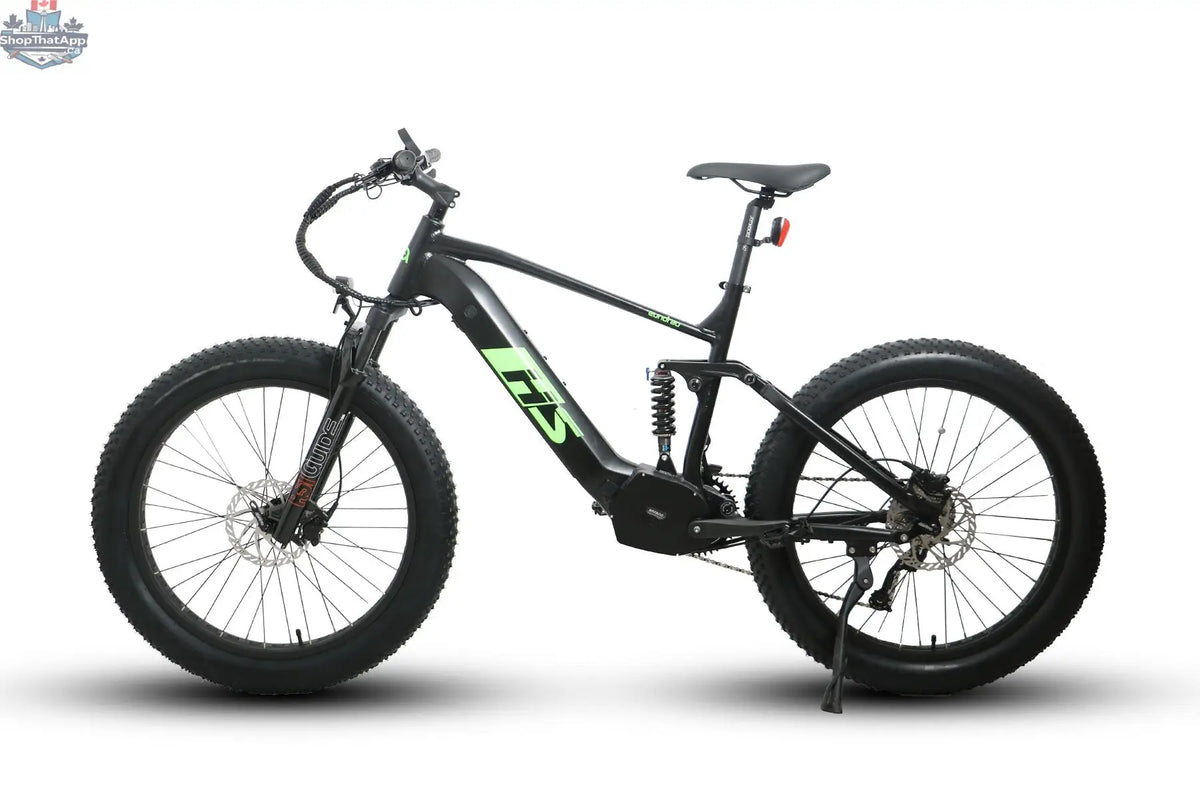 E-Vélo EUNORAU QUEBEC FAT-HS Hunter X8 electric bicycle with thick tires and sleek frame, designed for off-road adventure.