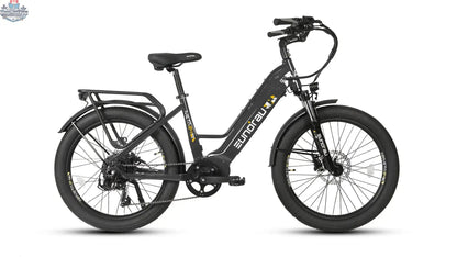 E-Vélo EUNORAU QUEBEC META24 1.0 electric bicycle with sleek frame, handlebars, and battery pack visible in the image.