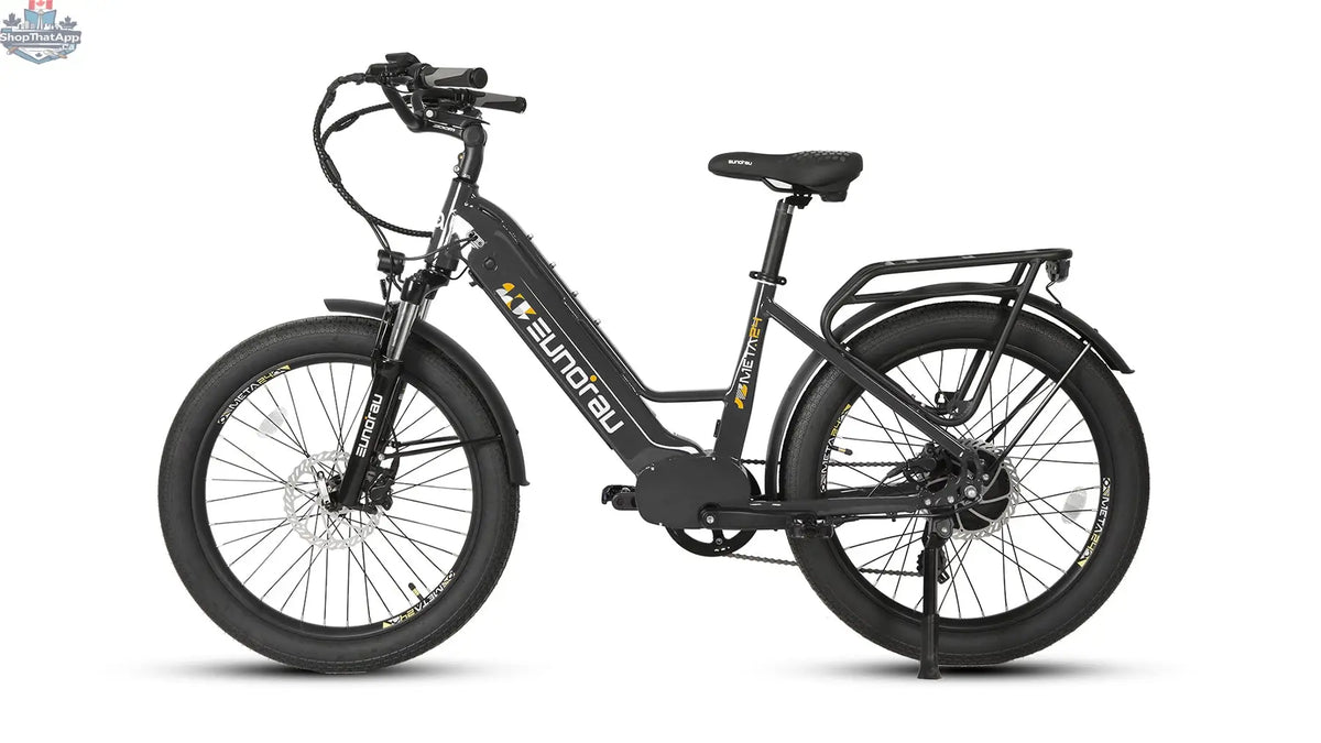 E-Vélo EUNORAU QUEBEC META24 1.0 electric bicycle with sleek frame and modern design, ready for urban commuting.