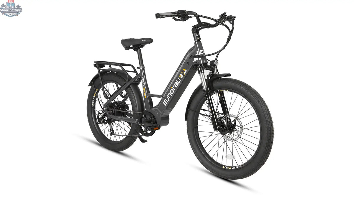 E-Vélo EUNORAU QUEBEC META24 1.0 electric bicycle with sleek frame and modern design, ready for urban commuting.