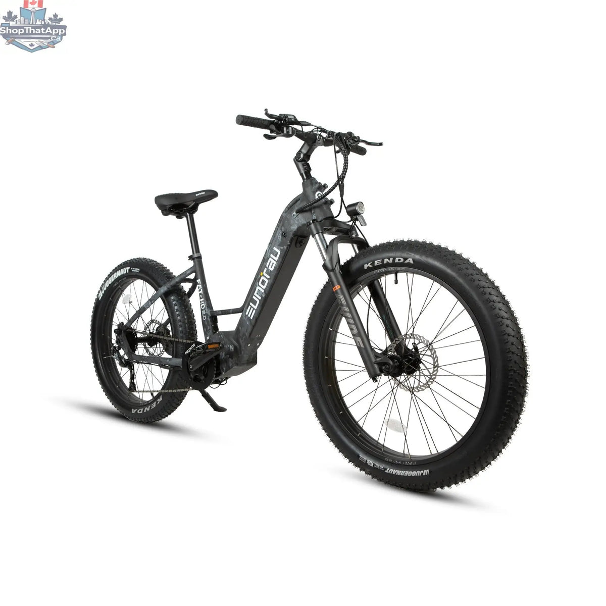 E-Vélo EUNORAU QUEBEC FAT-HD 2.0 Hunter X7 electric bicycle showing its rugged frame and fat tires for versatile gaming and riding.