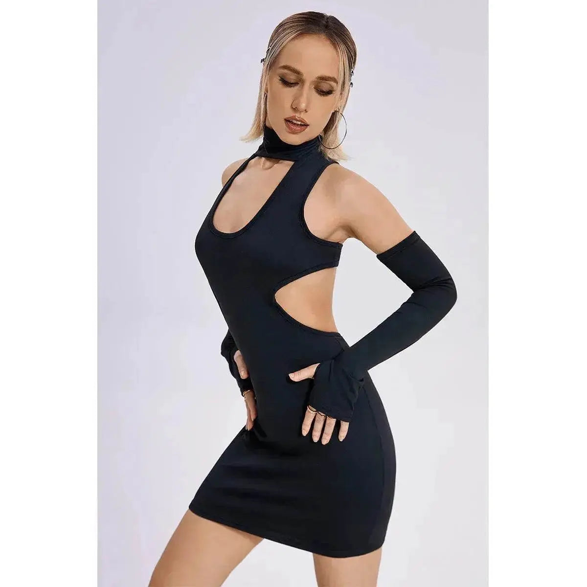 Black Y2K fashion mini bodycon dress by EX-STOCK Canada, slim fit short party night dress with a stylish design.
