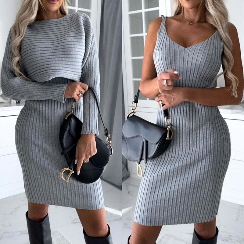 2pcs Women's Long-Sleeved Skirt Set - Solid Stripe Top & Tight Suspender Skirt for Fashionable Autumn Winter Slim Look - Shopthatapp.ca