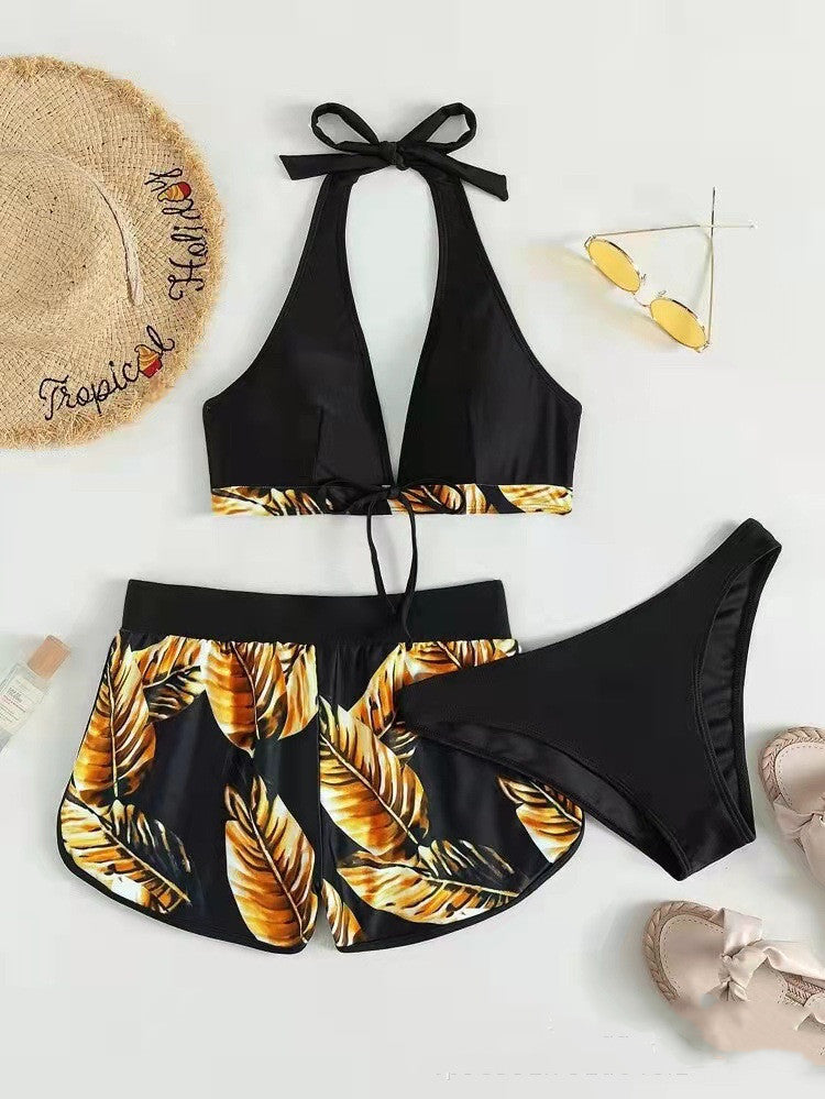 3pcs Leaf Print Bikini Swimsuit with Shorts for Women - Fashionable Summer Beach Outfit - Shopthatapp.ca