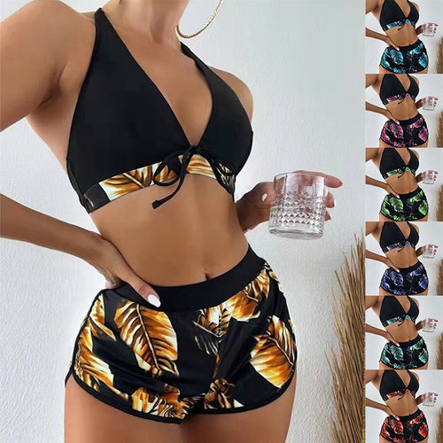 3pcs Leaf Print Bikini Swimsuit with Shorts for Women - Fashionable Summer Beach Outfit - Shopthatapp.ca