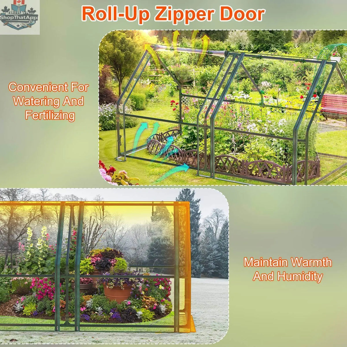 Portable mini greenhouse by EX-STOCK Canada with waterproof UV-resistant PVC cover, roll-up zipper doors, suitable for indoor and outdoor gardening.
