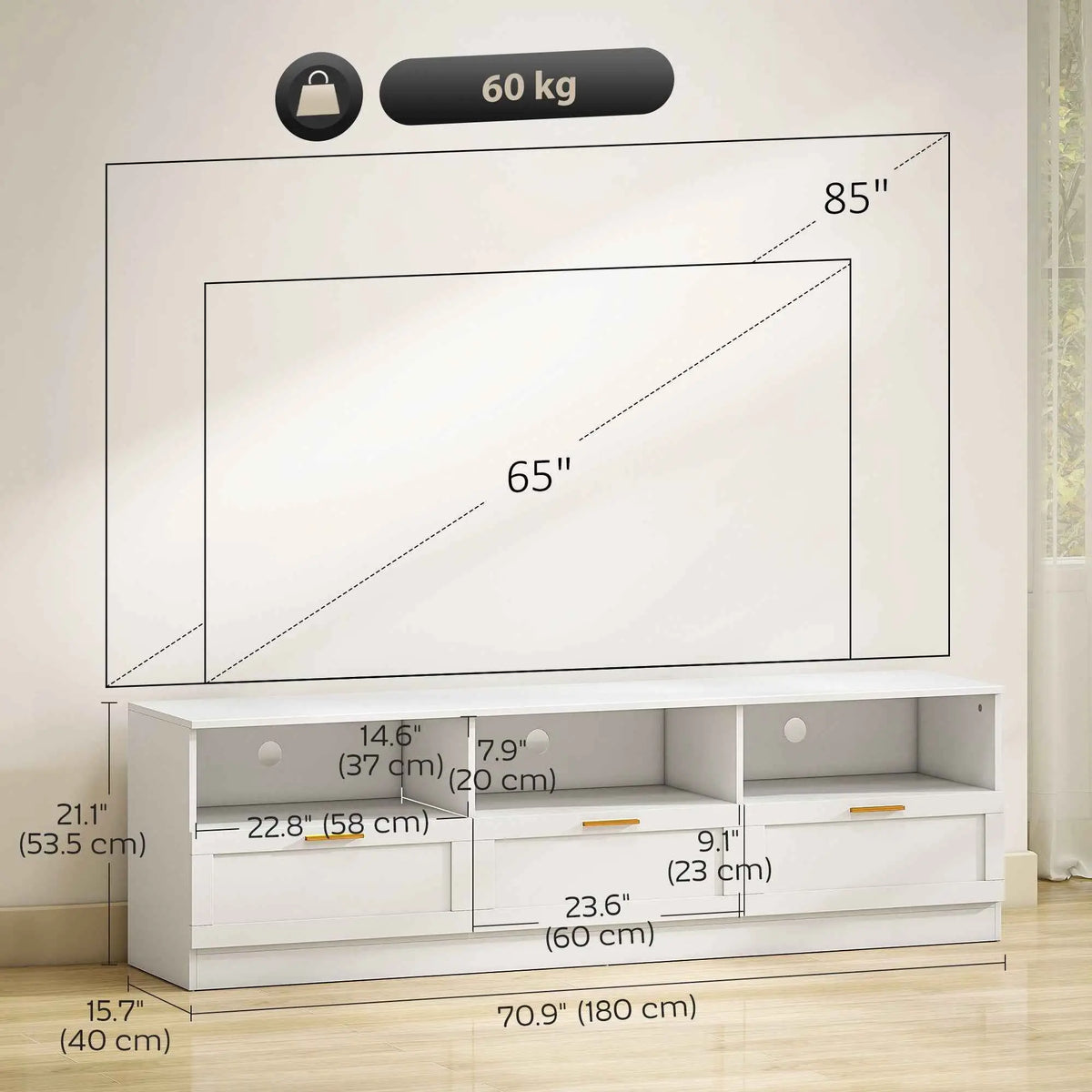White Dallas Modern TV Stand by SLOTH Nation with storage drawers, suitable for TVs up to 85 inches, in a living room setting.