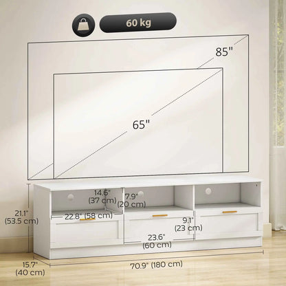 White Dallas Modern TV Stand by SLOTH Nation with storage drawers, suitable for TVs up to 85 inches, in a living room setting.