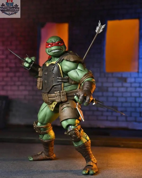 Toy Snowman Teenage Mutant Ninja Turtles Ultimate Raphael action figure from The Last Ronin, detailed green turtle with red mask and weapons