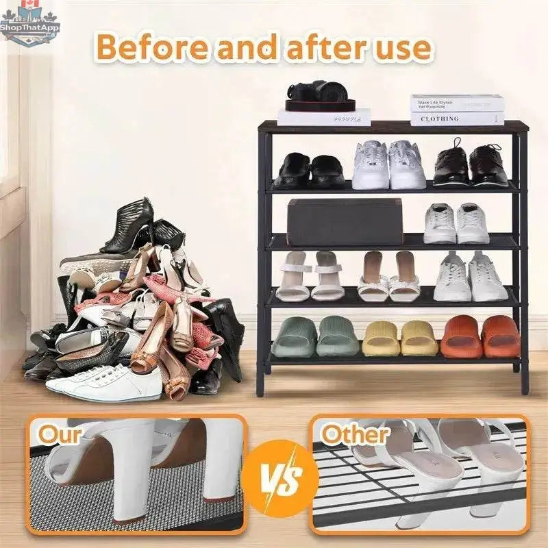 4-tier Shoe Rack for entryway by EX-STOCK Canada, showcasing organized shoes on a sleek metal shoe storage unit.