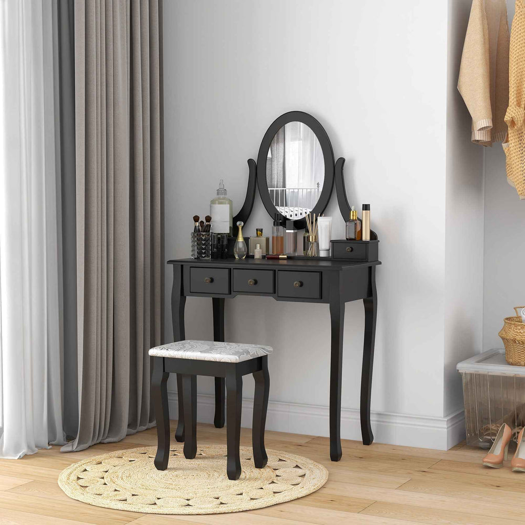 Emma Vanity Desk with Padded Stool and 360° Rotating Oval Mirror-Black