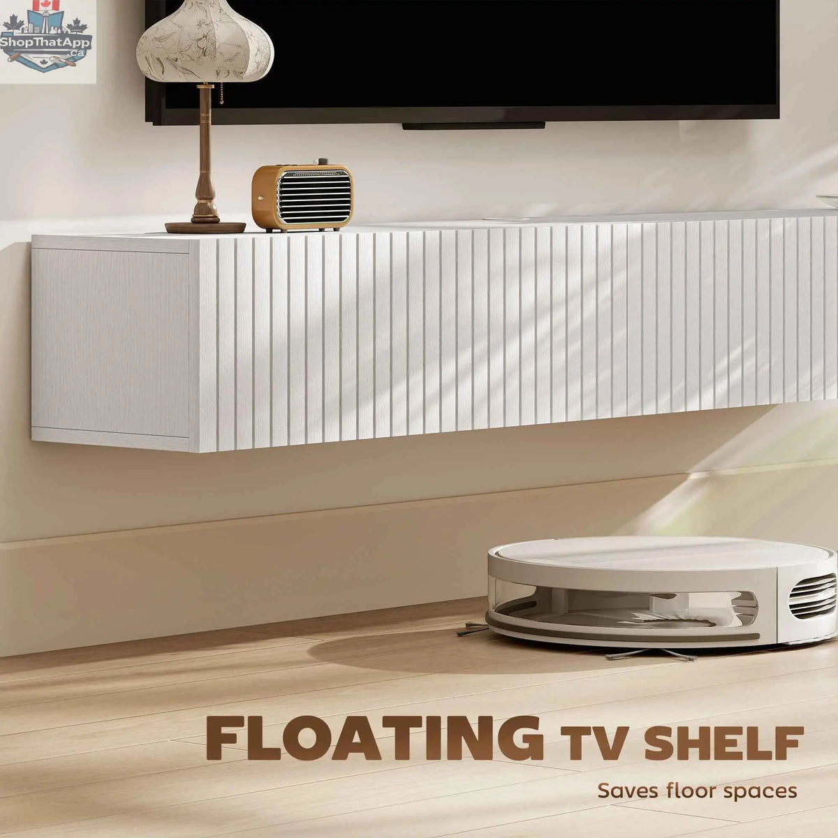 White Jesse floating TV stand with two fluted flip-down doors for 55-inch TVs, made by SLOTH Nation.