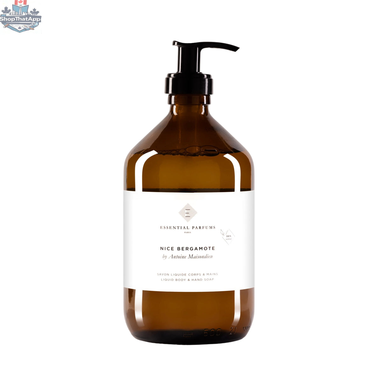 Essential Parfums Nice Bergamote hand and body soap in a 500ml pump bottle, featuring fresh bergamot scent and gentle cleansing.