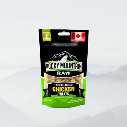 Freeze-dried chicken treats for pets by ROCKY MOUNTAIN RAW, showing a 55g package of healthy, nutritious chicken snack.