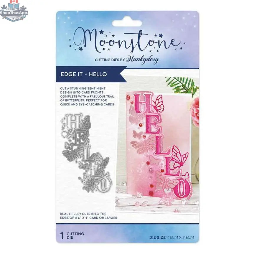 Moonstone Edge Dies by Ecstasy Crafts for die cutting, featuring a "Hello" design for beautiful card making projects.