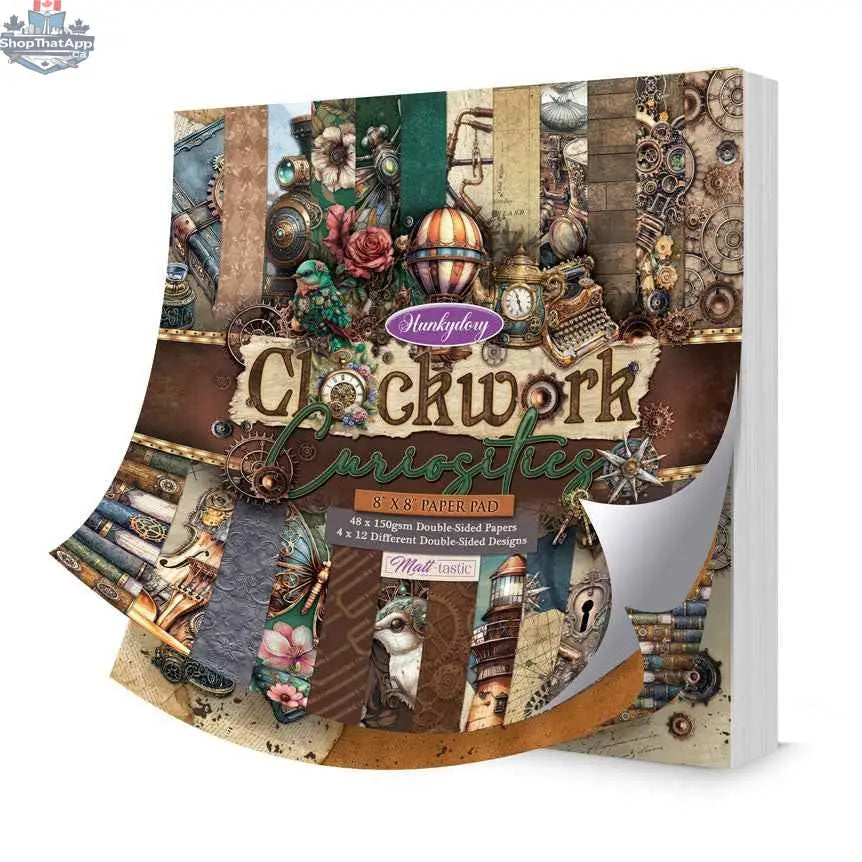 Ecstasy Crafts Clockwork Curiosities paper pad featuring vintage-inspired patterns, 8x8 inches, ideal for creative craft projects.