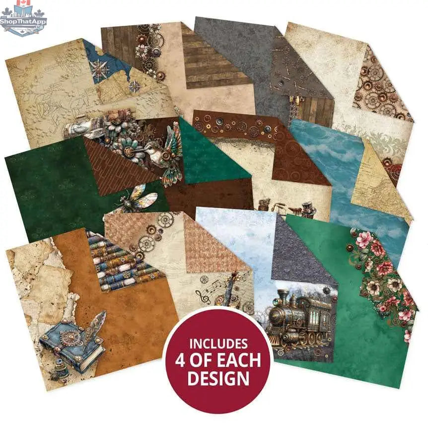 Ecstasy Crafts Clockwork Curiosities paper pad with 8x8-inch sheets for creative crafts and scrapbooking projects.