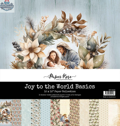 Ecstasy Crafts Joy to the World Paper Collection 12x12 cardstock basics, festive holiday-themed paper for crafting projects.