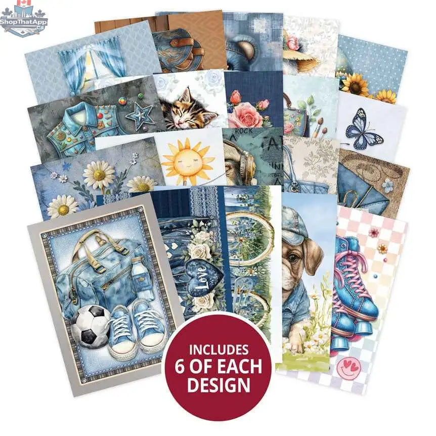 Close-up of The Little Book of Denim paper and cardstock by Ecstasy Crafts, showcasing textured blue denim-inspired designs.