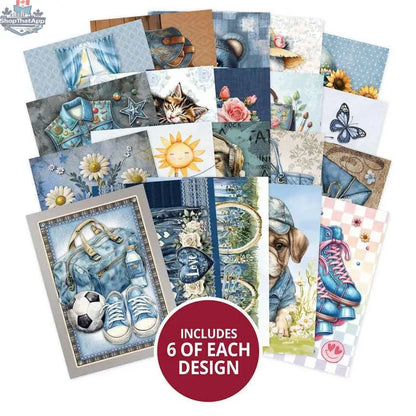 Close-up of The Little Book of Denim paper and cardstock by Ecstasy Crafts, showcasing textured blue denim-inspired designs.