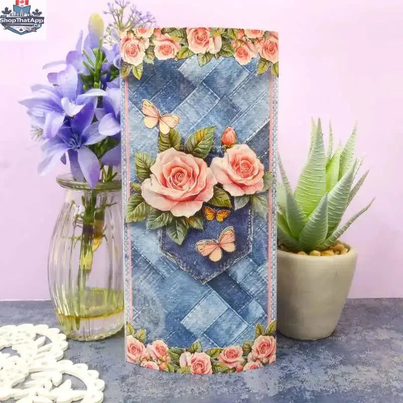 Open book with denim-themed paper and cardstock pages from Ecstasy Crafts' The Little Book of Denim collection.