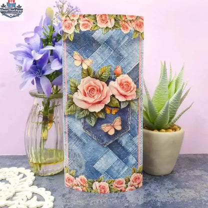 Open book with denim-themed paper and cardstock pages from Ecstasy Crafts' The Little Book of Denim collection.