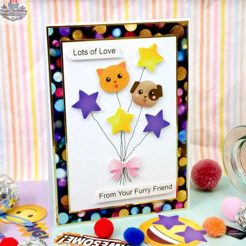 Precut 3D card toppers with colorful die-cut icons from Ecstasy Crafts for creative craft projects, shown in DDCUT124-6.