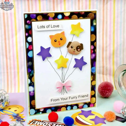 Precut 3D card toppers with colorful die-cut icons from Ecstasy Crafts for creative craft projects, shown in DDCUT124-6.