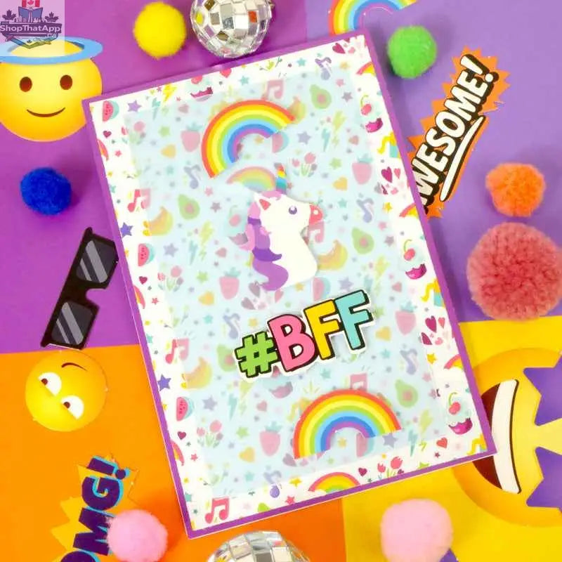 Precut 3D card toppers featuring colorful die-cut icons for creative craft projects by Ecstasy Crafts.