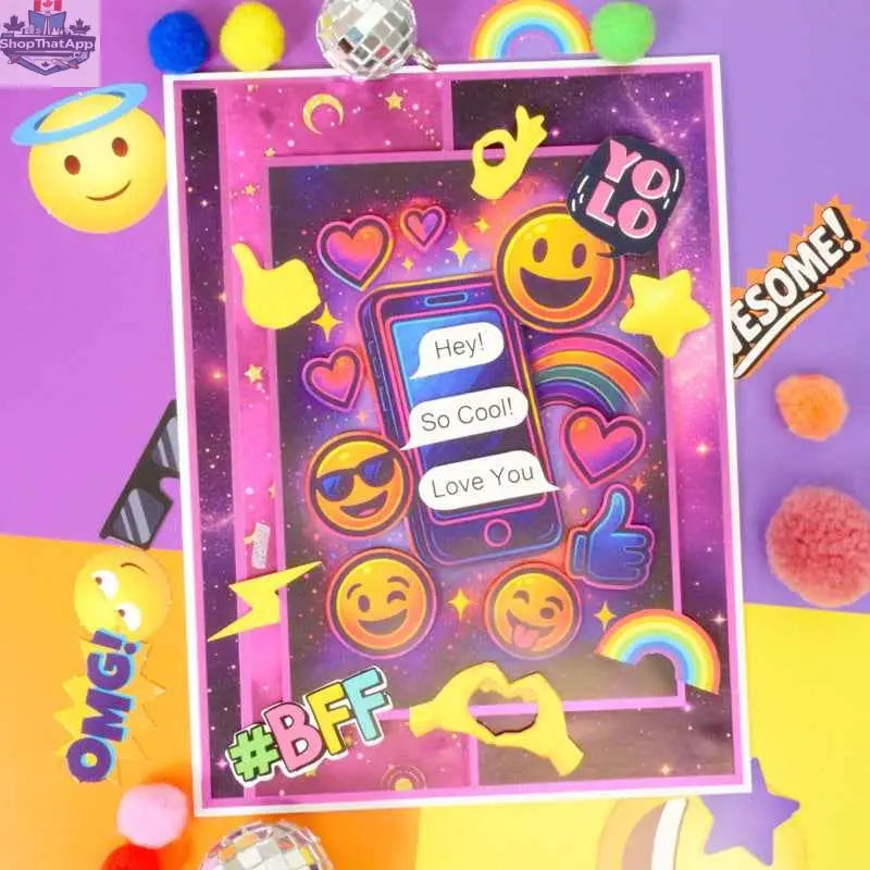 Precut 3D card toppers featuring colorful die-cut icons for creative projects by Ecstasy Crafts, ideal for handmade greeting cards.
