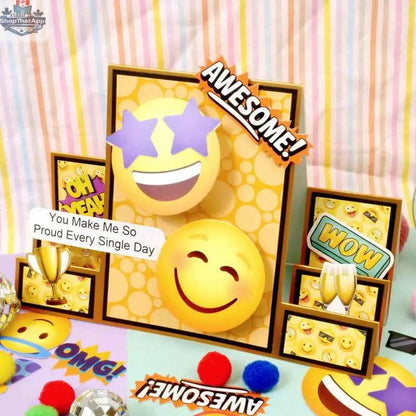 Precut 3D card toppers with colorful die-cut icons from Ecstasy Crafts for creative craft projects.
