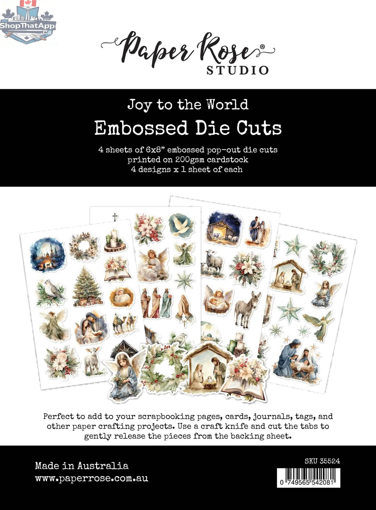 Precut Joy to the World embossed 3D die cuts by Ecstasy Crafts for crafting and card making projects.