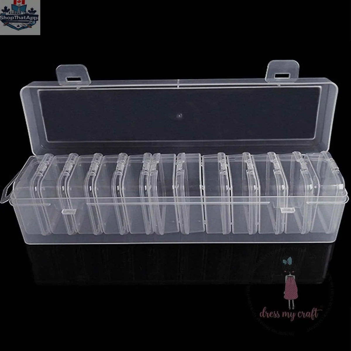 Ecstasy Crafts Dress My Craft 12-in-1 Slimline Storage Box for craft supplies, with compartments for organizing small crafting items.