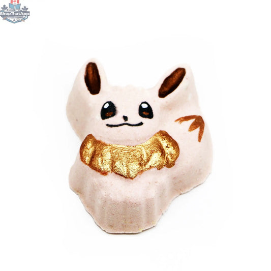 Eevee-themed bath bomb from The Bomb Bar Canada’s Elemental Elixir EvoBuddy line, colorful and shaped like Eevee for a relaxing bath experience.