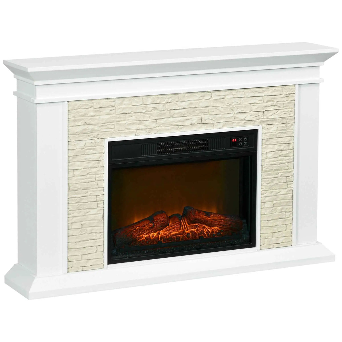 White Archie 31.5-inch electric fireplace with mantel and overheat protection, featuring realistic flame display and modern home decor style.