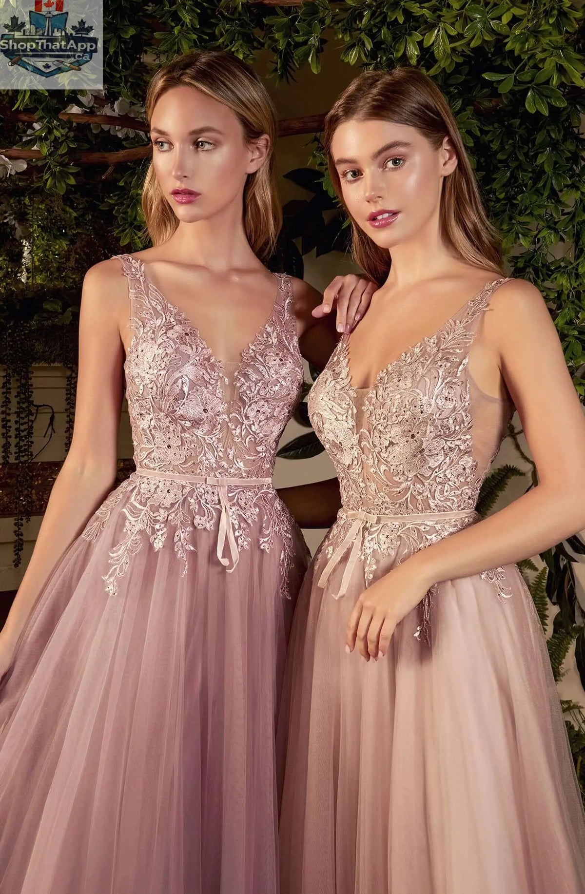 Andrea & Leo Sade mauve lace tulle gown with intricate lace details and flowing fabric, elegant and sophisticated evening dress.