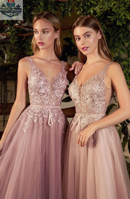 Andrea & Leo Sade mauve lace tulle gown with intricate lace details and flowing fabric, elegant and sophisticated evening dress.