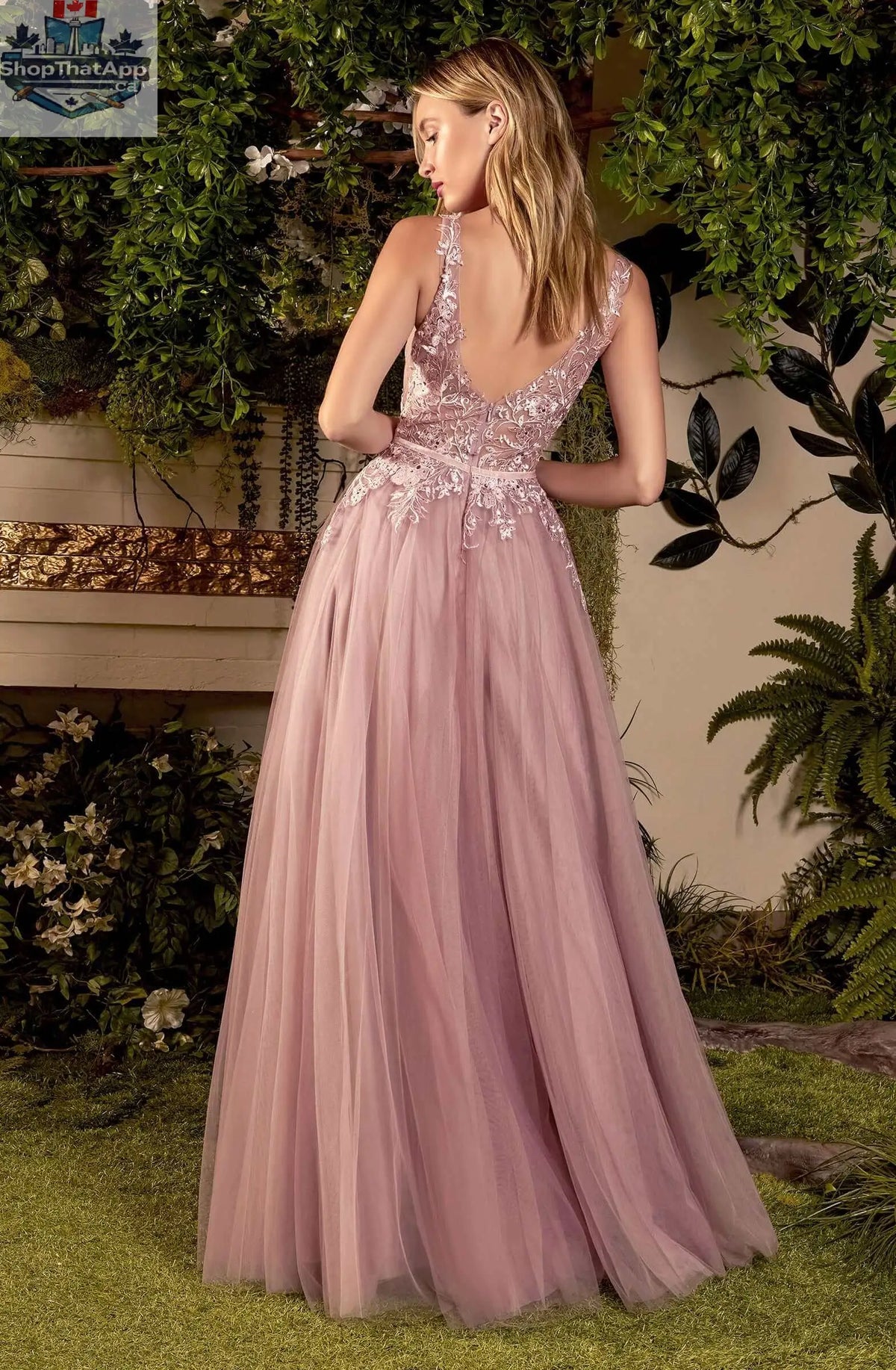 Elegant Threads Andrea & Leo mauve lace tulle gown with intricate lace details and flowing silhouette, shown in a nude mauve shade.