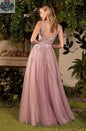 Elegant Threads Andrea & Leo mauve lace tulle gown with intricate lace details and flowing silhouette, shown in a nude mauve shade.